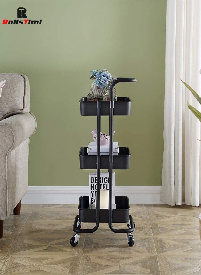 RollsTimi  3 Tier Utility Rolling Storage Cart With Handles And Lockable Wheels Black 43x36x86.5cm - Image 4