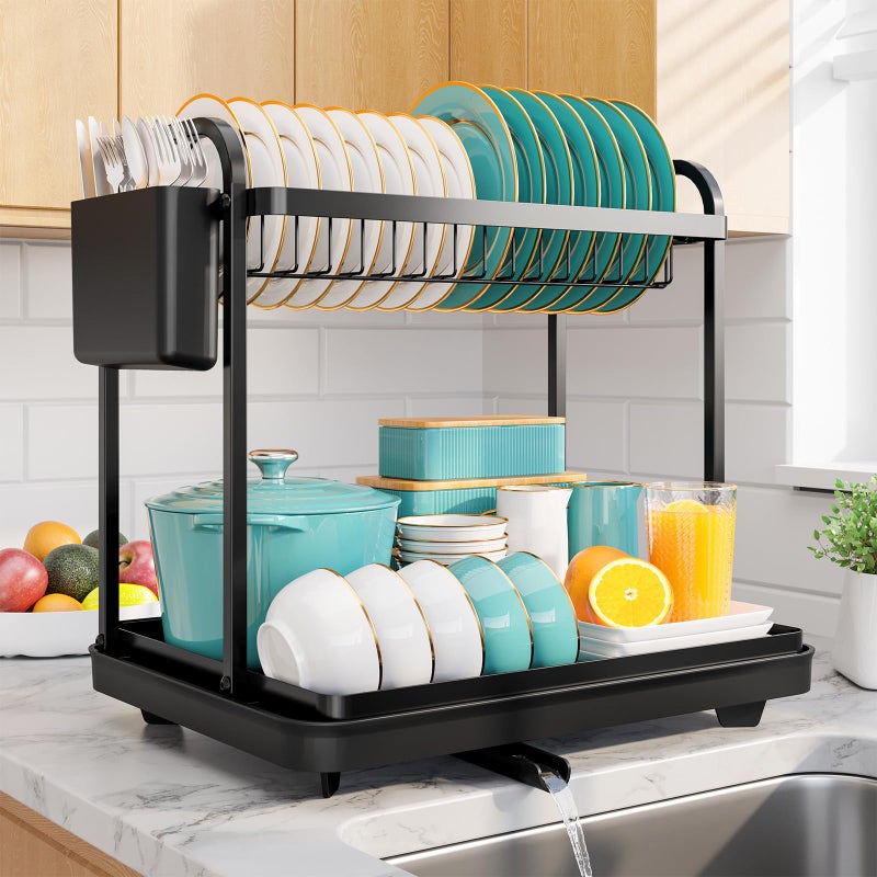 Sakugi 2Tier Dish Drying Rack  Stainless Steel Dish Rack with Cutlery  Utensil Holders for Kitchen Counter Sink Organization and Storage Essentials Home Decor 15 W x 114 L x 15 H Black