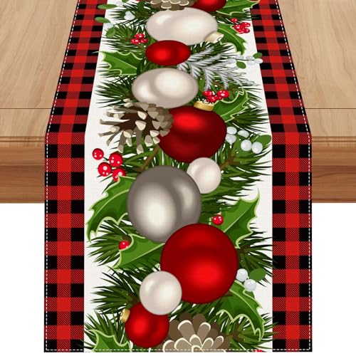 Jiudungs Linen White and Black Buffalo Check Plaid Christmas Table Runner 72 Inches Long Winter Christmas Xmas Holiday Gingerbread House ManTable Decoration - Image 1