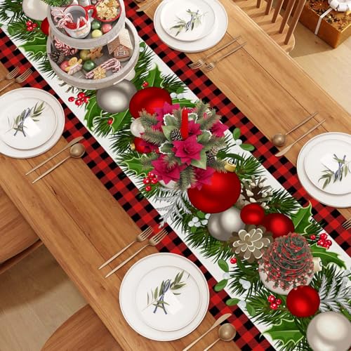 Jiudungs Linen White and Black Buffalo Check Plaid Christmas Table Runner 72 Inches Long Winter Christmas Xmas Holiday Gingerbread House ManTable Decoration - Image 4