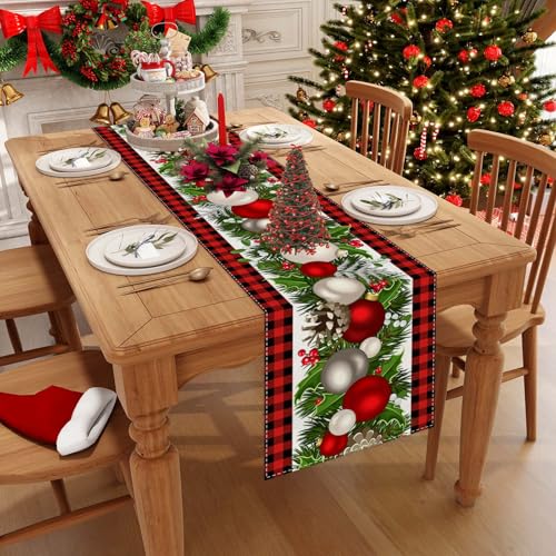 Jiudungs Linen White and Black Buffalo Check Plaid Christmas Table Runner 72 Inches Long Winter Christmas Xmas Holiday Gingerbread House ManTable Decoration - Image 3