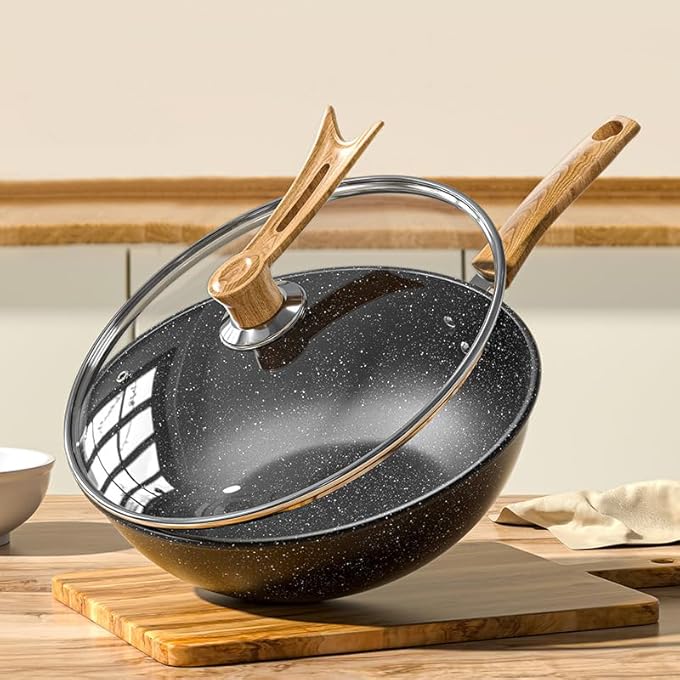 Fohome Nonstick Skillet Deep Frying Pan With Lid  Non Stick Cooking Pan  Saute Pan StayCool Handle  Induction Compatible  Healthy Stone Cookware Cooking Pan Pfoa Free 32Cm Black - Image 2