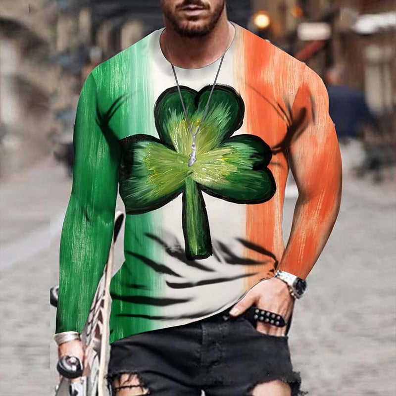 cheekyglo Men St Patricks Day Long Sleeve T-Shirt Shamrock Printing Slim-Fit Crew Neck Tops Pullover Tie Dye Tee Sweatshirt Blouse - Image 2