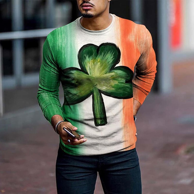 cheekyglo Men St Patricks Day Long Sleeve T-Shirt Shamrock Printing Slim-Fit Crew Neck Tops Pullover Tie Dye Tee Sweatshirt Blouse - Image 5