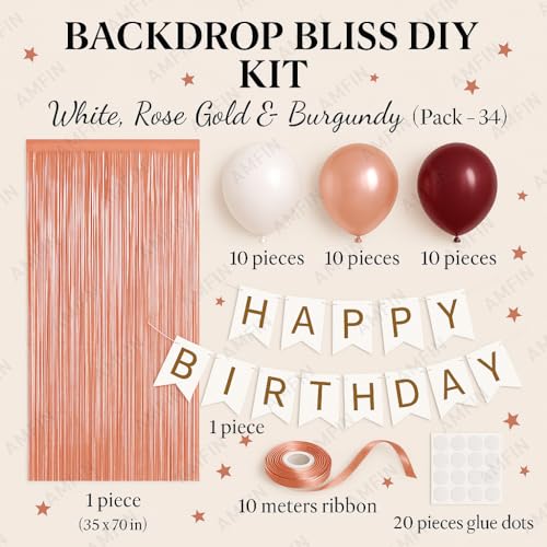 AMFIN (Pack of 34) Backdrop Bliss Birthday Decoration DIY Kit with Balloons, Fringe Curtain and Banner - White, Rose Gold & Burgundy - Image 3