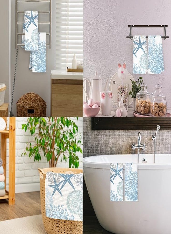 JINYO Beach Kitchen Towels Set of 2, Blue Seashell Coral Starfish Coastal Beach Ocean Hand Towels for Bathroom Kitchen Decor, Summer Nautical Decorative Dish Tea Towels - Image 3