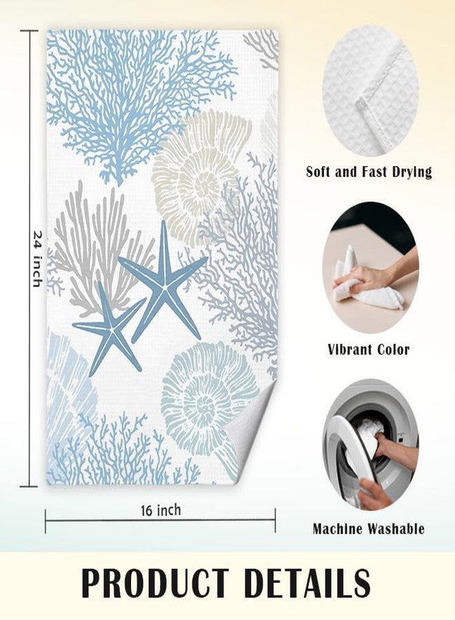 JINYO Beach Kitchen Towels Set of 2, Blue Seashell Coral Starfish Coastal Beach Ocean Hand Towels for Bathroom Kitchen Decor, Summer Nautical Decorative Dish Tea Towels - Image 5
