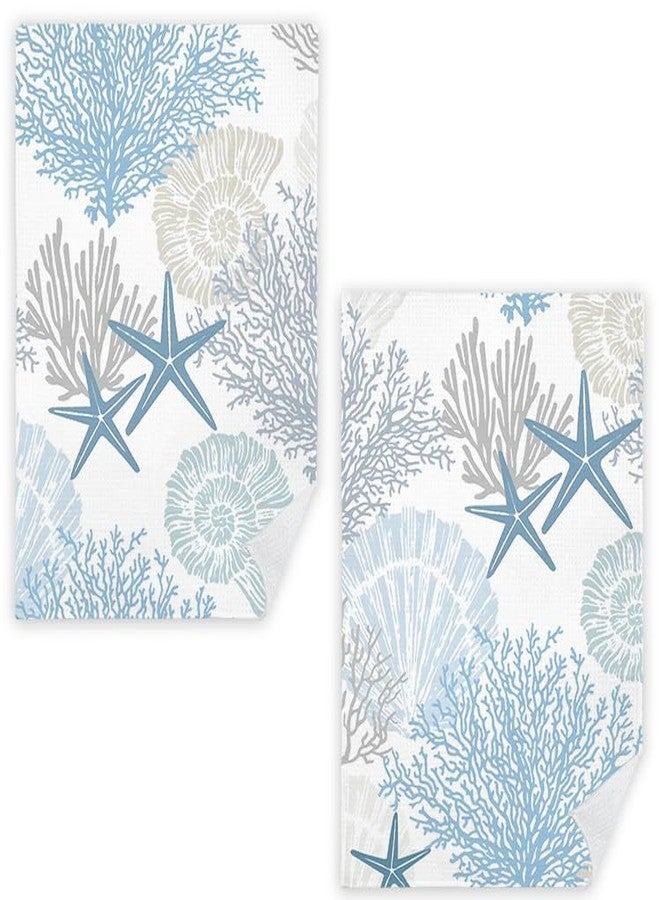 JINYO Beach Kitchen Towels Set of 2, Blue Seashell Coral Starfish Coastal Beach Ocean Hand Towels for Bathroom Kitchen Decor, Summer Nautical Decorative Dish Tea Towels - Image 1