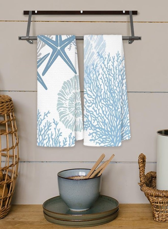 JINYO Beach Kitchen Towels Set of 2, Blue Seashell Coral Starfish Coastal Beach Ocean Hand Towels for Bathroom Kitchen Decor, Summer Nautical Decorative Dish Tea Towels - Image 4