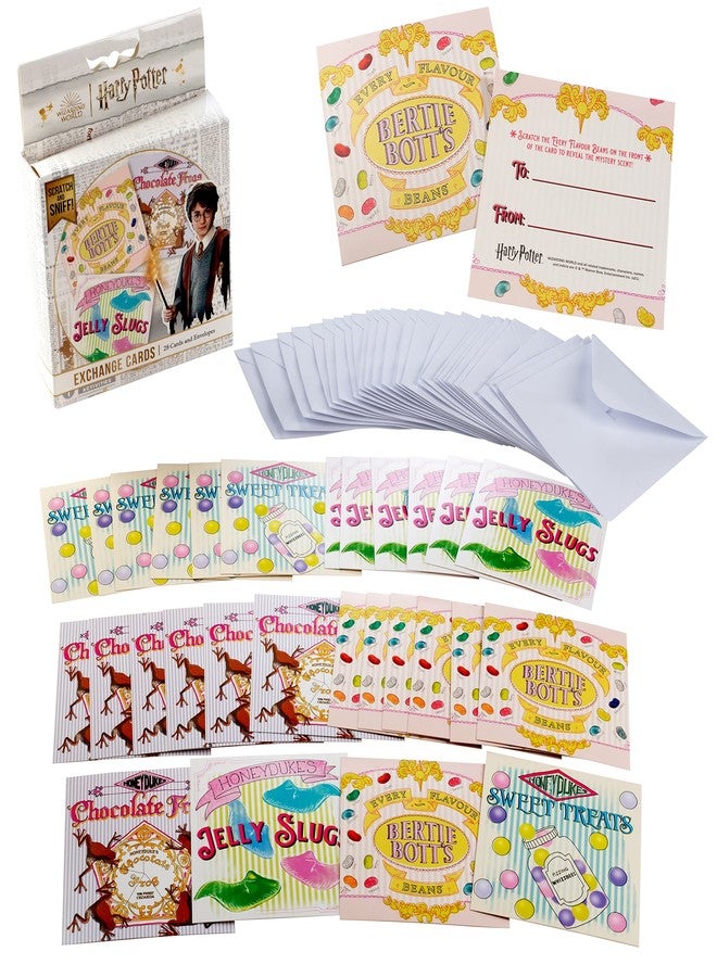 Harry Potter Honeyduke's Candy Scratch & Sniff Valentines for Kids, 28 Card Pack & Envelopes - Bertie Bott's Beans, Chocolate Frogs & More - Great for School Classroom Parties - Boys & Girls ages 4+ - Image 1