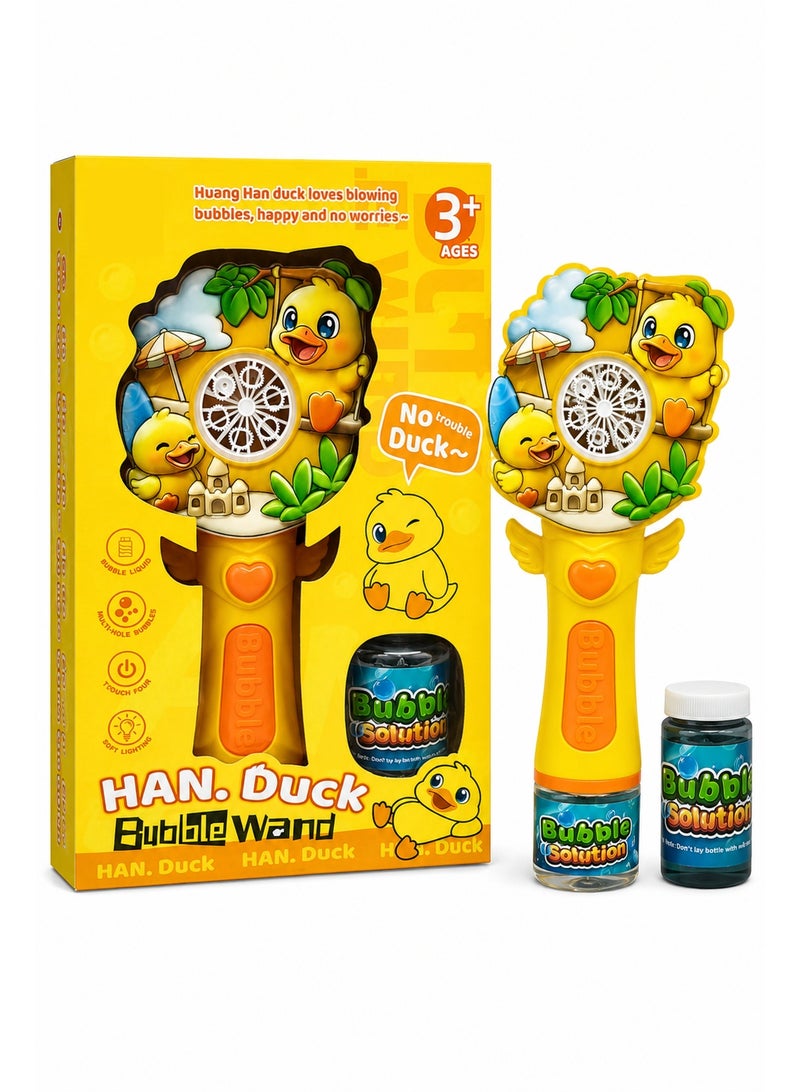 Han Duck Bubble Wand Toy, Cute Duck Bubble Blower with Bubble Solution, Multi-Hole Bubble Wheel, One-Touch Button and Soft Lighting for Kids 3+, Outdoor Party and Fun Play - Image 1
