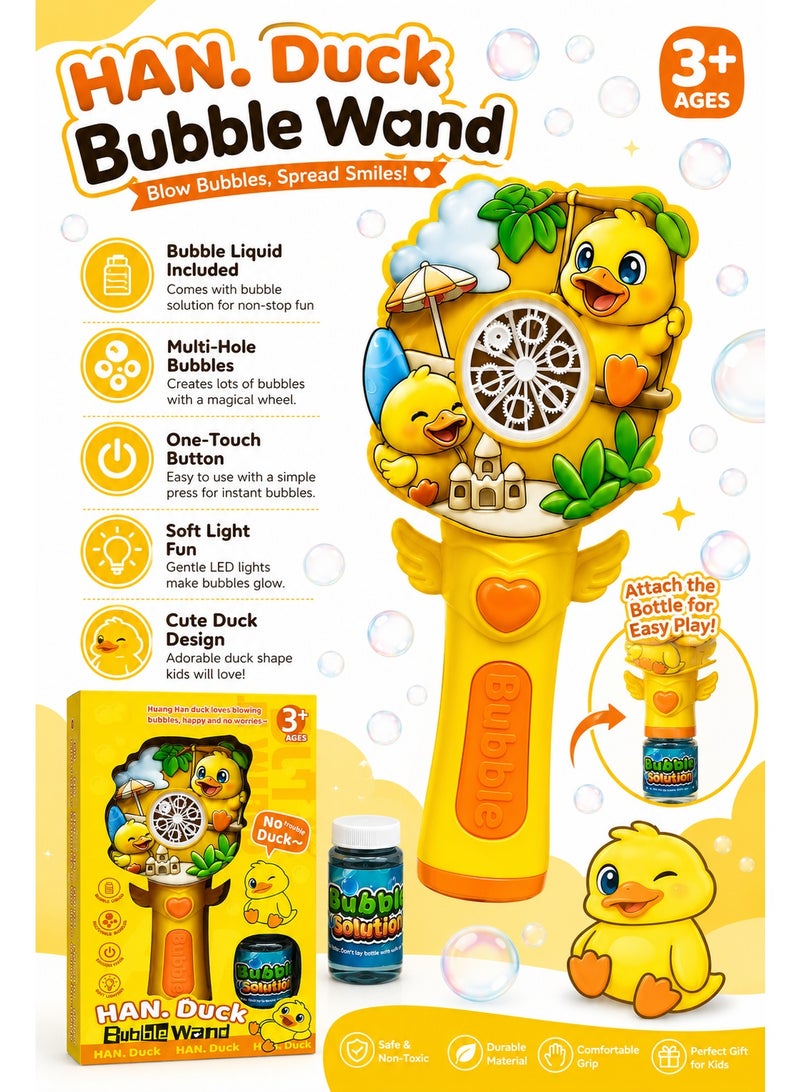 Han Duck Bubble Wand Toy, Cute Duck Bubble Blower with Bubble Solution, Multi-Hole Bubble Wheel, One-Touch Button and Soft Lighting for Kids 3+, Outdoor Party and Fun Play - Image 5