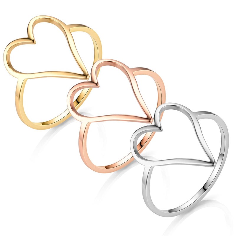Moplusea Stainless Steel Simple Cute Love Hollow Heart Ring Classical Plain Stacking Band Statement Wedding Promise Ring For Women (Gold, 9) - Image 5