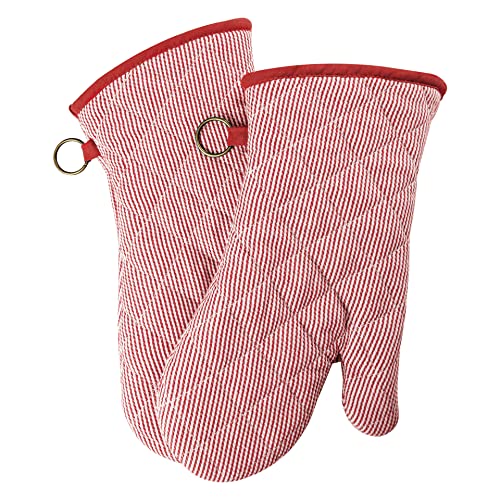 RED LMLDETA 1 Pair Yarn Dyed Oven Mitts 100% Cotton Heat Resistant 470 Degree Gloves Men Women Cooking Baking Barbecue BBQ Microwave Crafting Machine Washable Pot Holders Mittens (red2) - Image 1