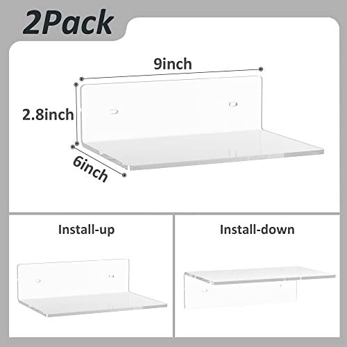 Sezanrpt 9 Inches Acrylic Wall Shelves 2 Pack, Floating Shelf for Wall Mounting, Acrylic Display Ledges for Funko Pop Figures, Home Décor, Living Room, Gaming Room, Plants(9 inch, Clear) - Image 2