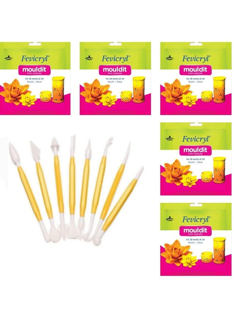E Shopping E Shopping Fevicryl Shilpkar Mouldit Epoxy Compound Clay (5 Packets of 50gm Each) + Clay Tools/Clay Sculpting Tools/Clay Modelling Tools (Set of 8 Double Ended Tools) for DIY Art and Craft  - Image 1