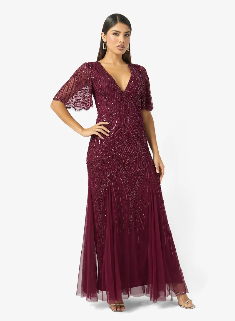 V Neck Bead Embellished Evening Mermaid Gown