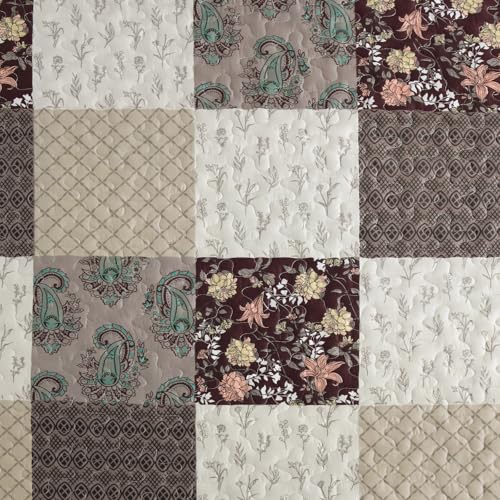 Xruibed Floral Plaid Patchwork Fall Quilt Set Queen Size 3 Pieces Taupe Beige Khaki Bedspread Set Reversible Quilt Bedding Set Microfiber Bedding Bedspread Coverlet Set for All Season(Queen 96"x90") - Image 5