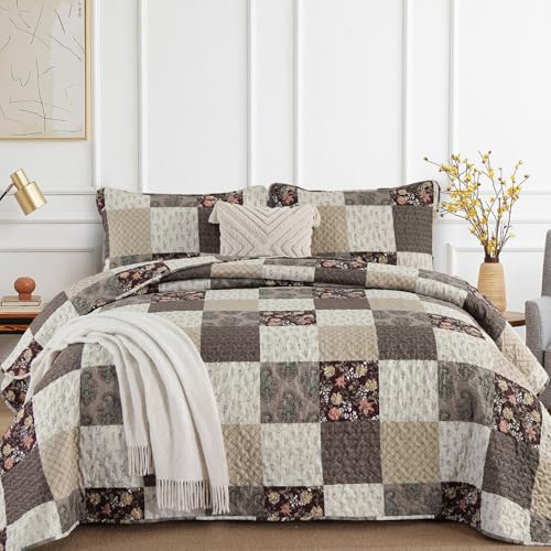 Xruibed Floral Plaid Patchwork Fall Quilt Set Queen Size 3 Pieces Taupe Beige Khaki Bedspread Set Reversible Quilt Bedding Set Microfiber Bedding Bedspread Coverlet Set for All Season(Queen 96"x90") - Image 1