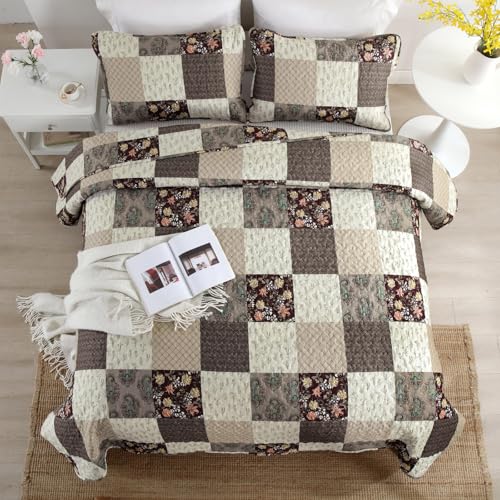 Xruibed Floral Plaid Patchwork Fall Quilt Set Queen Size 3 Pieces Taupe Beige Khaki Bedspread Set Reversible Quilt Bedding Set Microfiber Bedding Bedspread Coverlet Set for All Season(Queen 96"x90") - Image 3