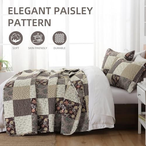 Xruibed Floral Plaid Patchwork Fall Quilt Set Queen Size 3 Pieces Taupe Beige Khaki Bedspread Set Reversible Quilt Bedding Set Microfiber Bedding Bedspread Coverlet Set for All Season(Queen 96"x90") - Image 4