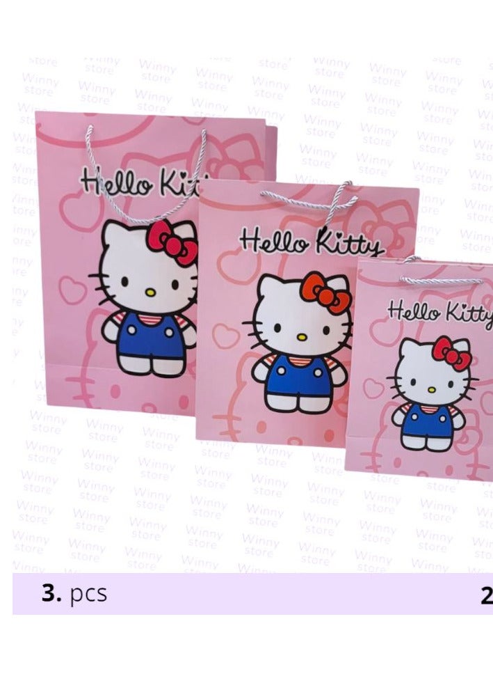 هالو كيتي أكياس هدايا بشخصية Hello Kitty – مجموعة 3 قطع بأحجام مختلفة – تصميم لطيف ومثالي للتقديم والتغليف