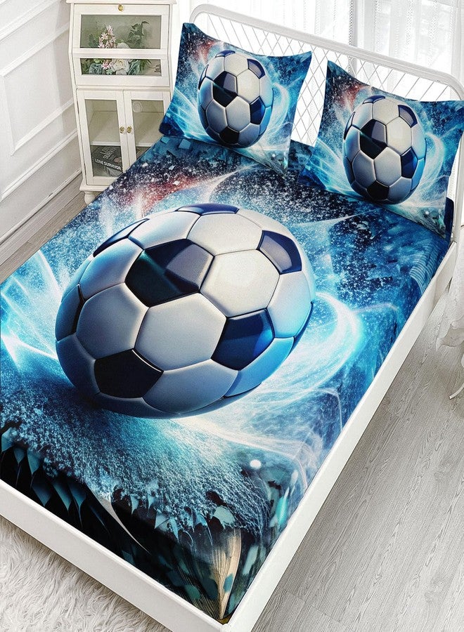 AILONEN Boys Soccer Bedding Set Twin Size,Sports Football Kids Soft Fitted Sheet with 2 Pillowcases,3 Pieces Blue Ball Print Bed Sheets Set for Room Decor - Image 2