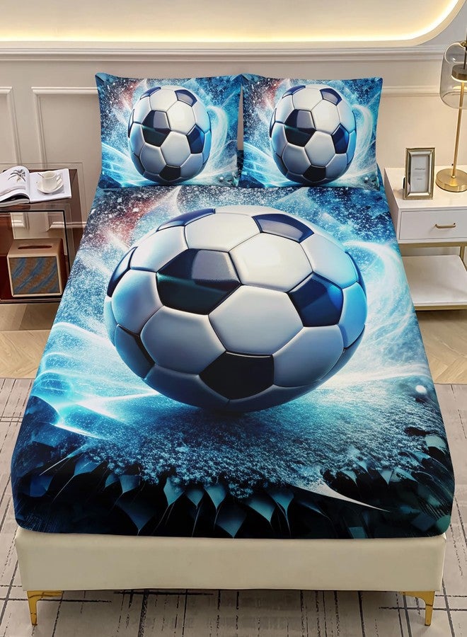 AILONEN Boys Soccer Bedding Set Twin Size,Sports Football Kids Soft Fitted Sheet with 2 Pillowcases,3 Pieces Blue Ball Print Bed Sheets Set for Room Decor - Image 1