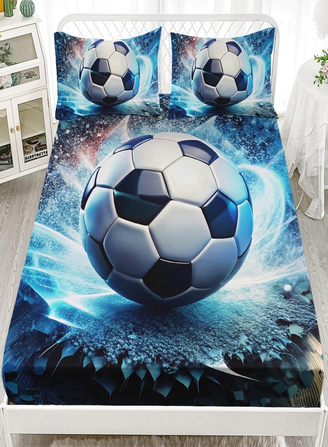 AILONEN Boys Soccer Bedding Set Twin Size,Sports Football Kids Soft Fitted Sheet with 2 Pillowcases,3 Pieces Blue Ball Print Bed Sheets Set for Room Decor - Image 3