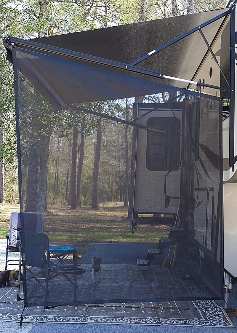 EXCELFU RV Awning Side Sun Shade Screen 9X7 Black Mesh Screen RV Awning Side Shade Camping Trailer Canopy UV Sun Blocker Complete Kits