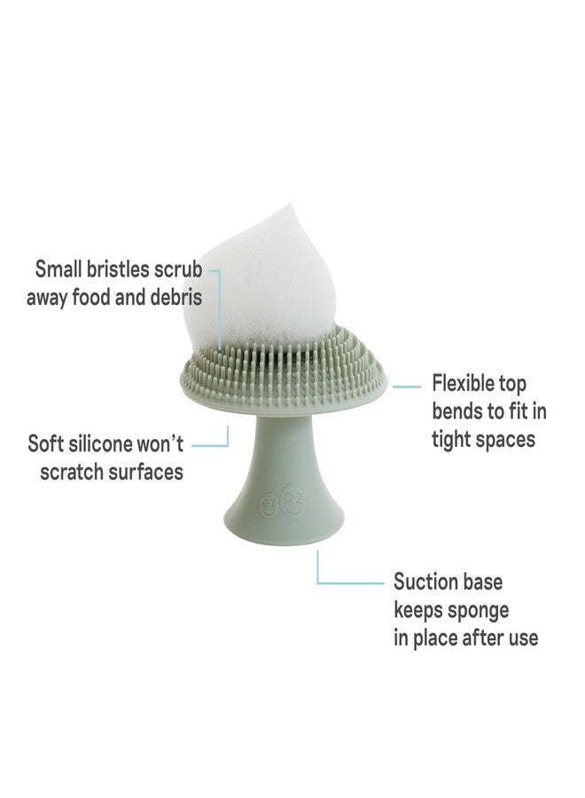 ezpz Mushroom Sponge (Sage) - Odor-Resistant Kitchen Sponge with Soft Bristles, Non-Slip Handle, Suction Base - Gently Cleans Pans, Dishes and Feeding Gear - Image 2