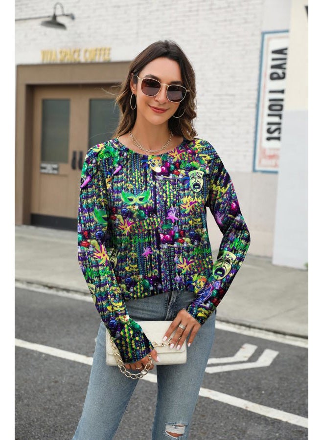 FASHGL Mardi Gras Shirts Women Tuesday Shirt Mask Graphic Tees Carnival Themed Tshirt Long Sleeve Party Womens Tops, Green, M - Image 2