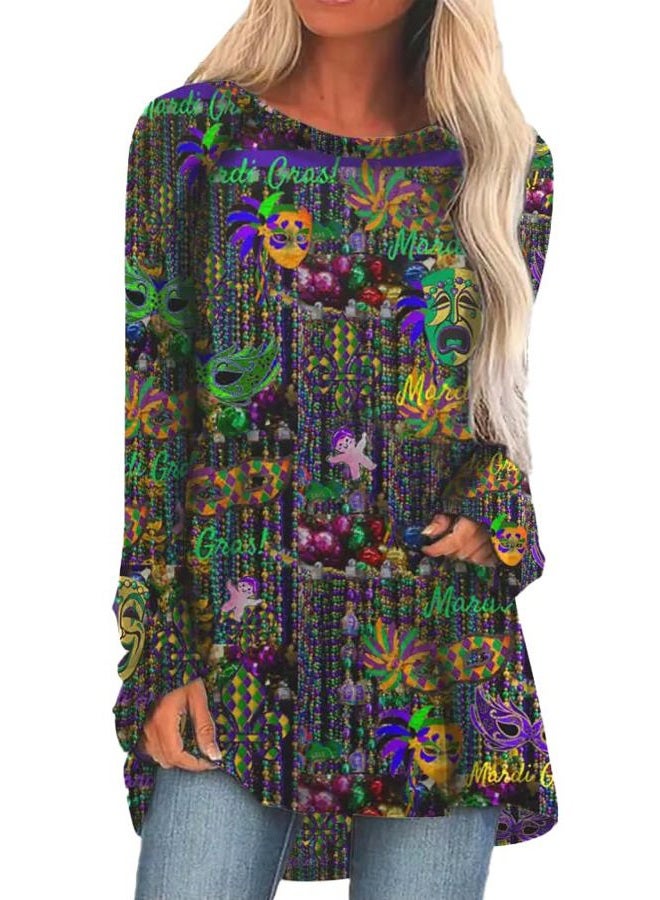 FASHGL Mardi Gras Shirts Women Tuesday Shirt Mask Graphic Tees Carnival Themed Tshirt Long Sleeve Party Womens Tops, Green, M - Image 1
