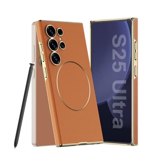 Midkart Leather Case Compatible with Samsung Galaxy S25 Ultra and Compatible with Magsafe Charging Electroplated Hard PC Lightweight Cover, Orange - Image 1