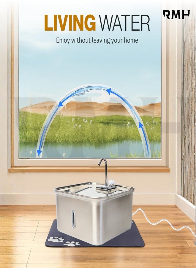 RMH 7L (28-Cup) Stainless Steel Dog & Cat Water Fountain with Large Waterproof Mat – Extra Large Automatic Pet Drinking Fountain for Large Dogs & Multi-Pet Homes – Ultra Quiet, 3-Stage Filter, LED Window - Image 3