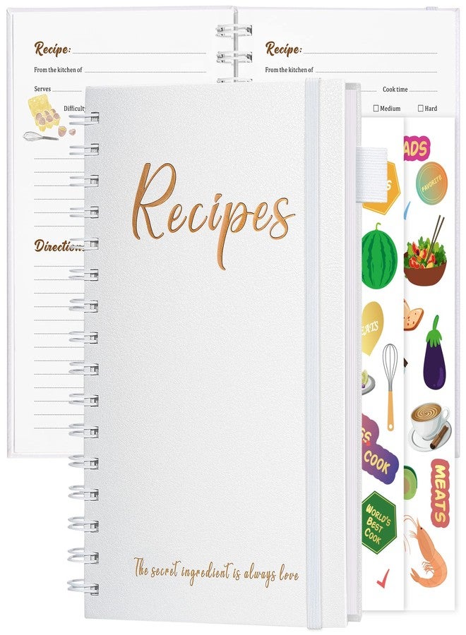 JUBTIC Recipe Book to Write in Your Own Recipes,7" x 10" Personal Blank Recipe Notebook, Sprial Leather Hardcover Recipe Journal with Page Number and 2 Colorful Stickers,Hold up to 120 Recipes - Pearl - Image 1