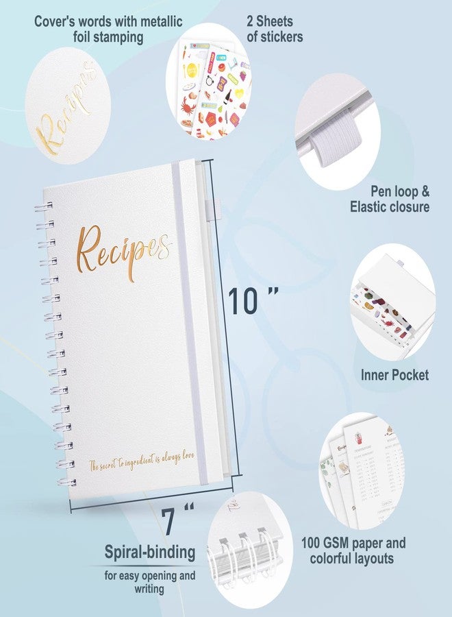 JUBTIC Recipe Book to Write in Your Own Recipes,7" x 10" Personal Blank Recipe Notebook, Sprial Leather Hardcover Recipe Journal with Page Number and 2 Colorful Stickers,Hold up to 120 Recipes - Pearl - Image 3