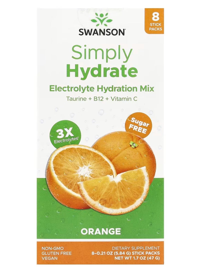 Swanson, Simply Hydrate, Electrolyte Hydration Mix, Orange, 8 Stick Packs 0.21 oz (5.84 g) Each