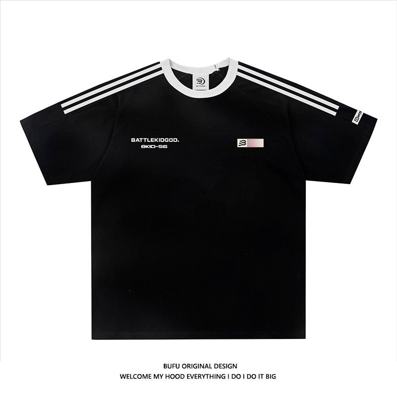 American Style Trendy Brand Three Bars Flag Printed Short-Sleeved T-Shirt For Men And Women Summer Street Loose Couple Half-Sleeved T-Shirt - Image 2