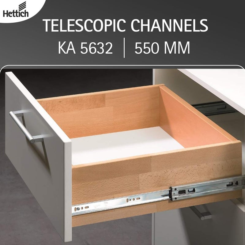 Hettich قناة كروية تلسكوبية KA 5632/550 مم | تشطيب زنك، إغلاق عادي | قناة درج للمنزل والمطبخ وخزانة الملابس | سعة تحميل 45 كجم | تمديد كامل (فولاذ مجلفن، 2 قطعة) - Image 2