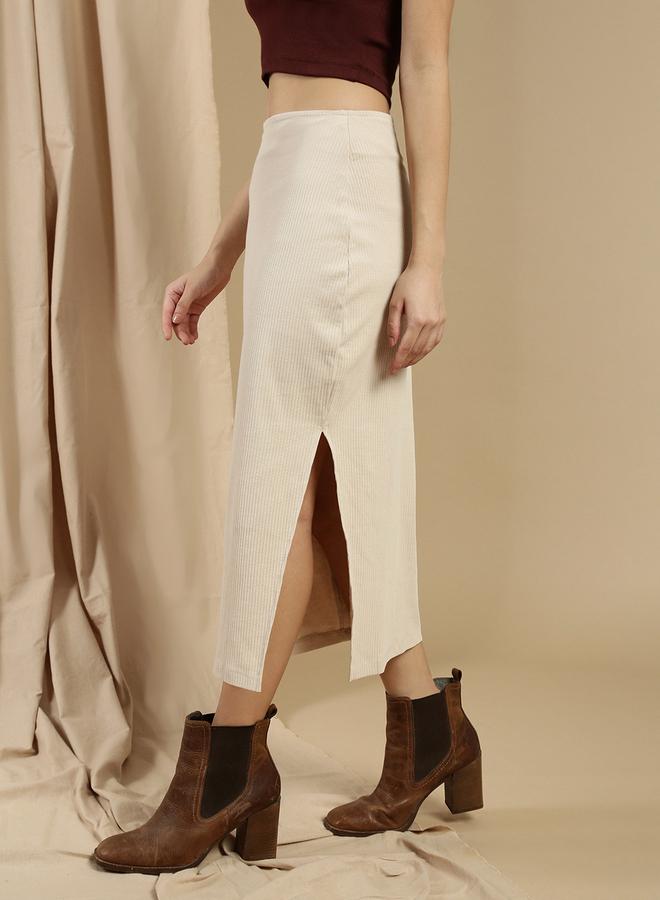 ECOLORE Beige Solid Side Slit Detail Pencil Midi Skirt - Image 3