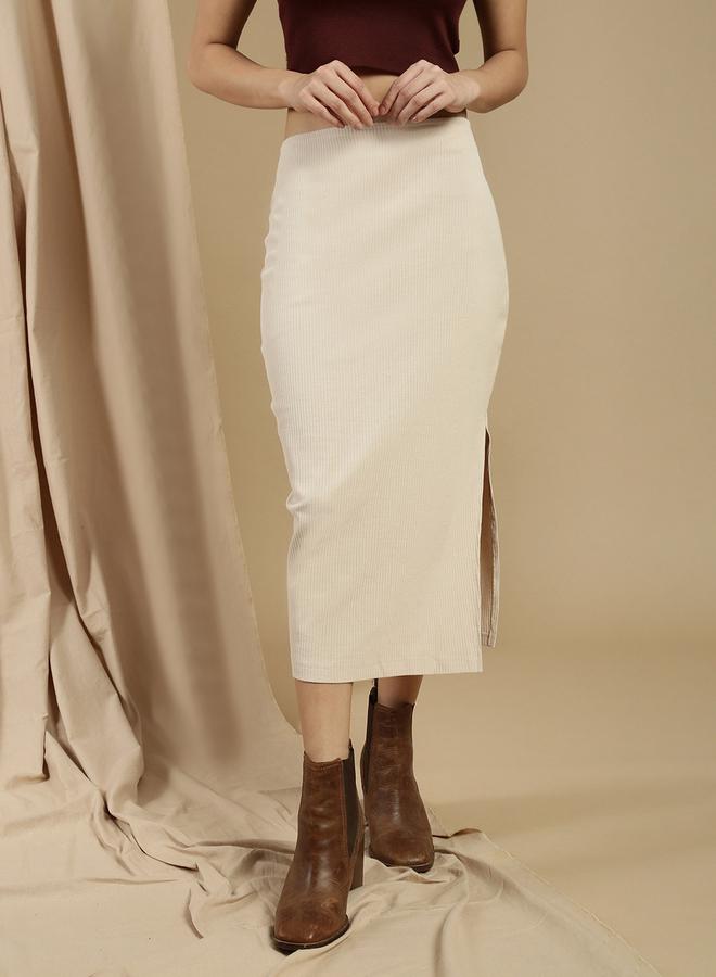 ECOLORE Beige Solid Side Slit Detail Pencil Midi Skirt - Image 2