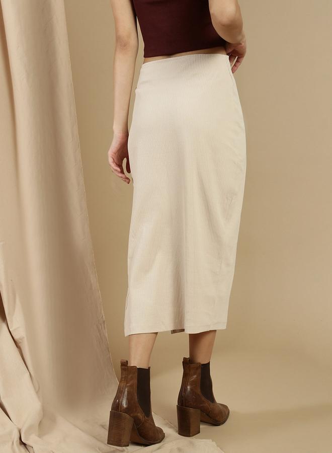 ECOLORE Beige Solid Side Slit Detail Pencil Midi Skirt - Image 4