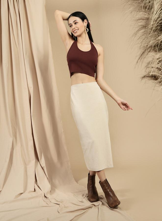 ECOLORE Beige Solid Side Slit Detail Pencil Midi Skirt - Image 5