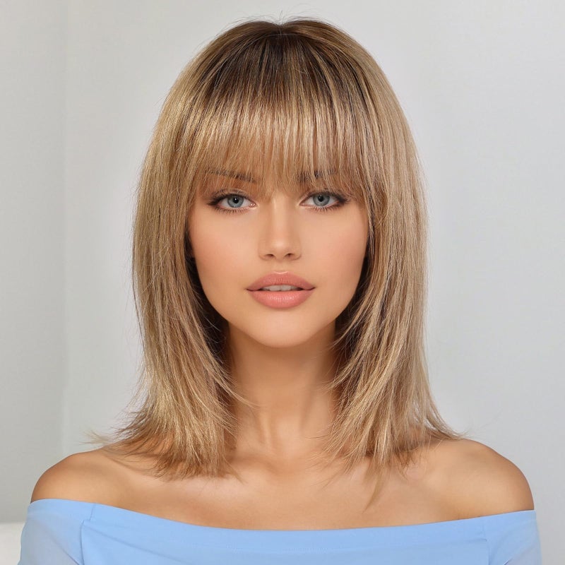 KKU 12 Inch Ombre Ash Blonde Wigs Human Hair for Women Remy Human Hair Wigs Human Hair Wigs with Bangs