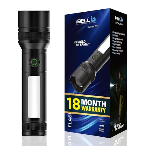 IBELL LUMINEX 700 Rechargeable Torch Light High Power, 6 Light Modes, Telescopic Zoom, Type C Charging, LED Flashlight, Super Bright & Long Distance Range, for Home, Outdoor & Emergency Use (Black) - Image 1