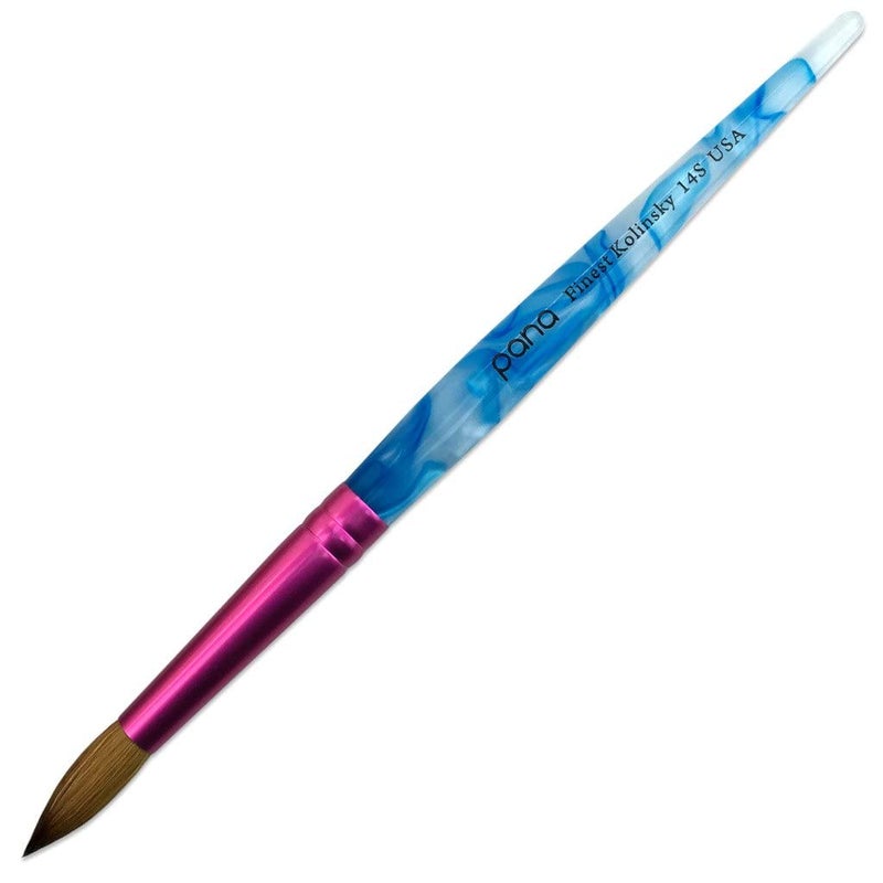 PANA Pure Kolinsky Hair Acrylic Nail Brush Round Shape Pink Ferrule with White Swirl Blue Handle Size 14