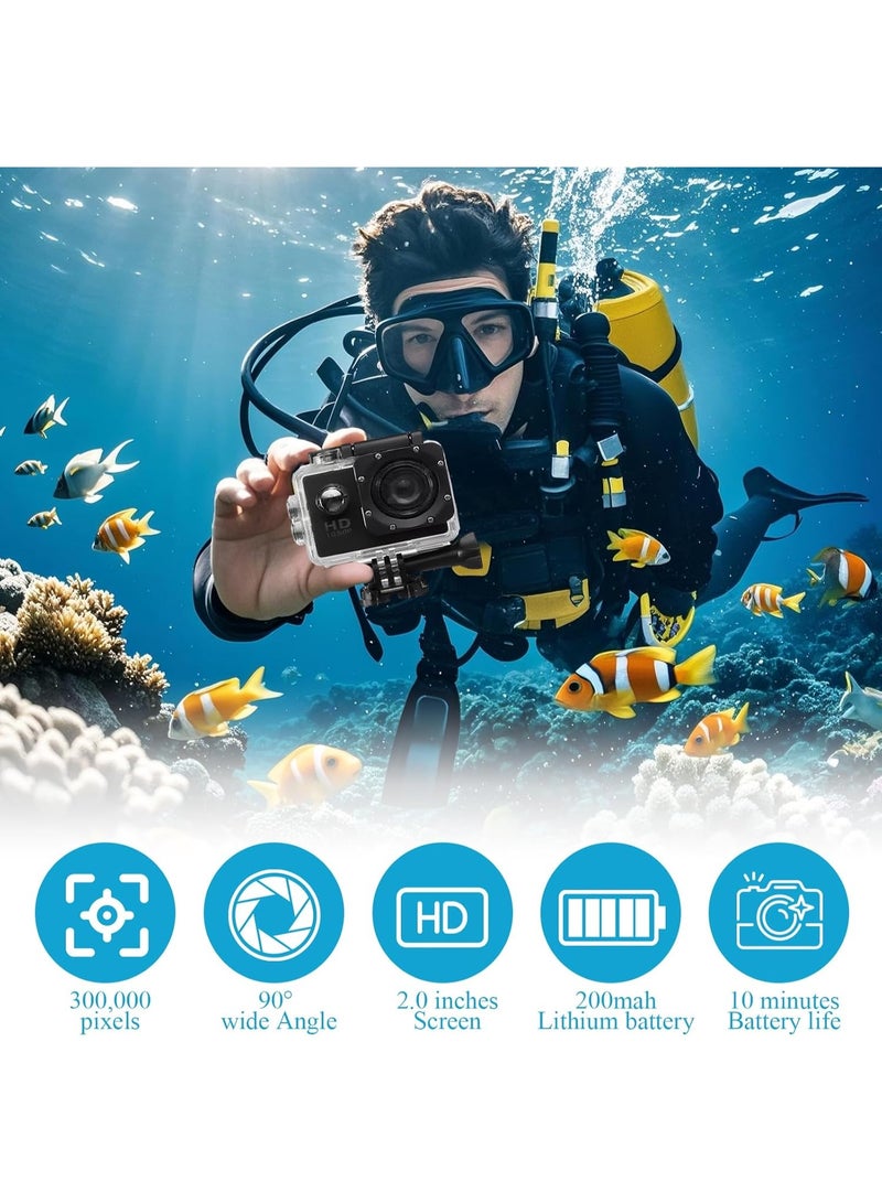 Generic Action Camera, 2.0 Inch Full HD 1080P Sports Camera, 30M Waterproof Underwater Camera, 16MP Anti-Shake Bike Camera, Mounting Accessories Kit for Diving/Bike/Climbing/Swimming - Image 2