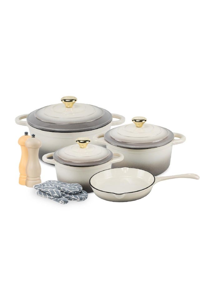 VAV GET Healthy and Safe Non-Stick Enameled Cast Iron 7-Piece Dutch Oven Cookware Set with Gloves and 2-Piece Mills. Includes: 24cm Dutch Oven Fry Pan, 18cm, 21cm, and 24cm Dutch Ovens with Lids, Gloves, and 2-Piece Mills. - Image 1