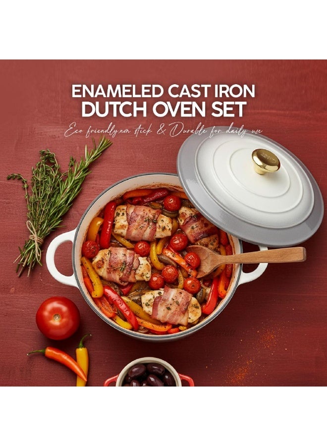 VAV GET Healthy and Safe Non-Stick Enameled Cast Iron 7-Piece Dutch Oven Cookware Set with Gloves and 2-Piece Mills. Includes: 24cm Dutch Oven Fry Pan, 18cm, 21cm, and 24cm Dutch Ovens with Lids, Gloves, and 2-Piece Mills. - Image 2
